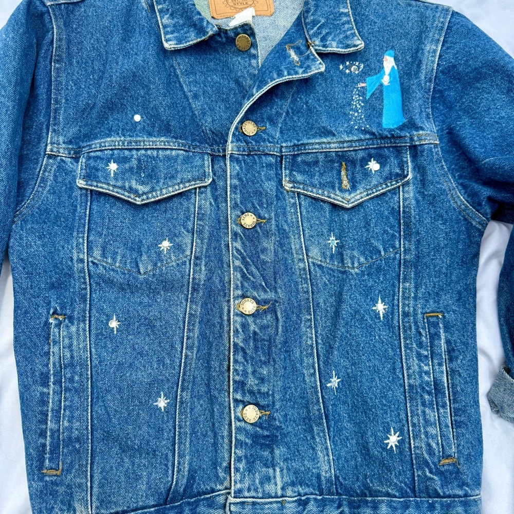 Custom Hand-Painted Miami Magic Skyline & Wizard Vintage Denim Jacket - Picture 6 of 10